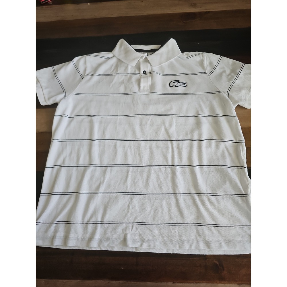 Lacoste Mens Size 8 Regular Fit White Striped Polo Shirt Crocodile Logo  0059